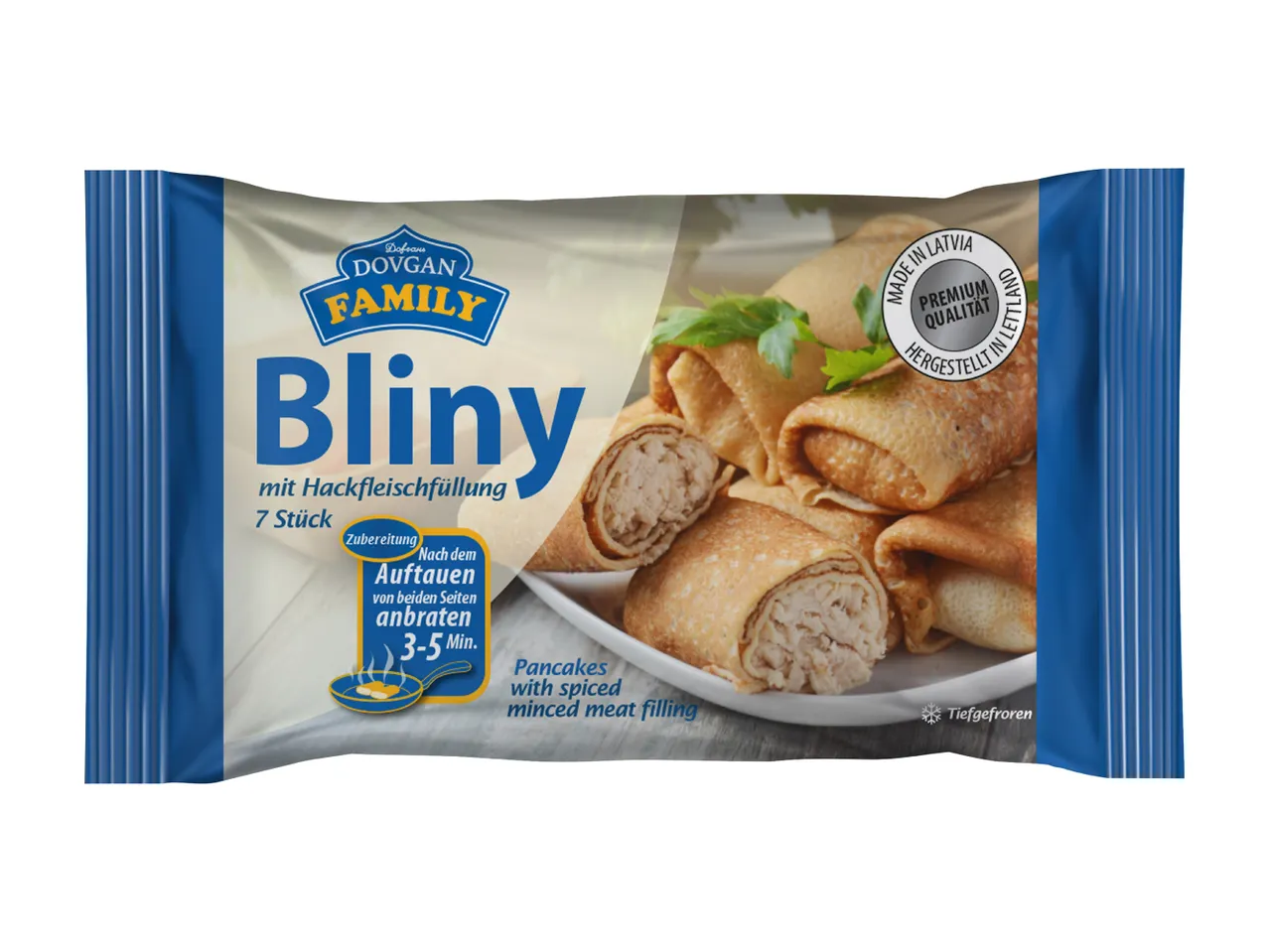 Dovgan Family Bliny: 7 spiced minced meat filled pancakes, made in Latvia.