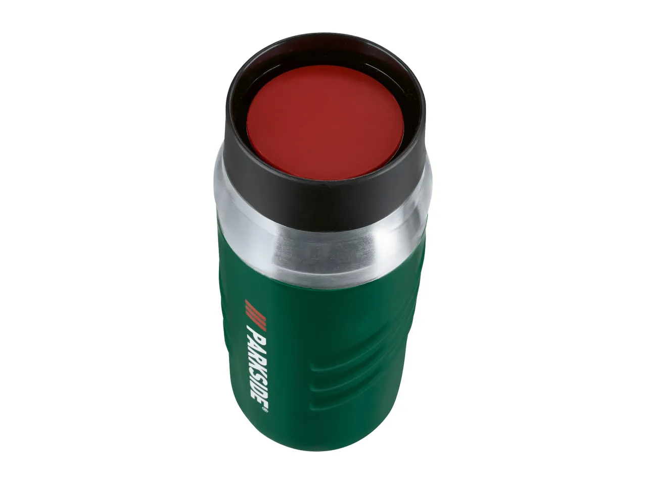 Parkside green thermal mug with a red button on top