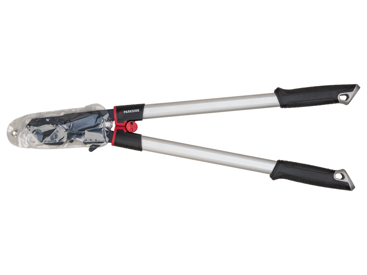 Dārza šķēres ar teleskopiskiem rokturiem un asmens aizsargu