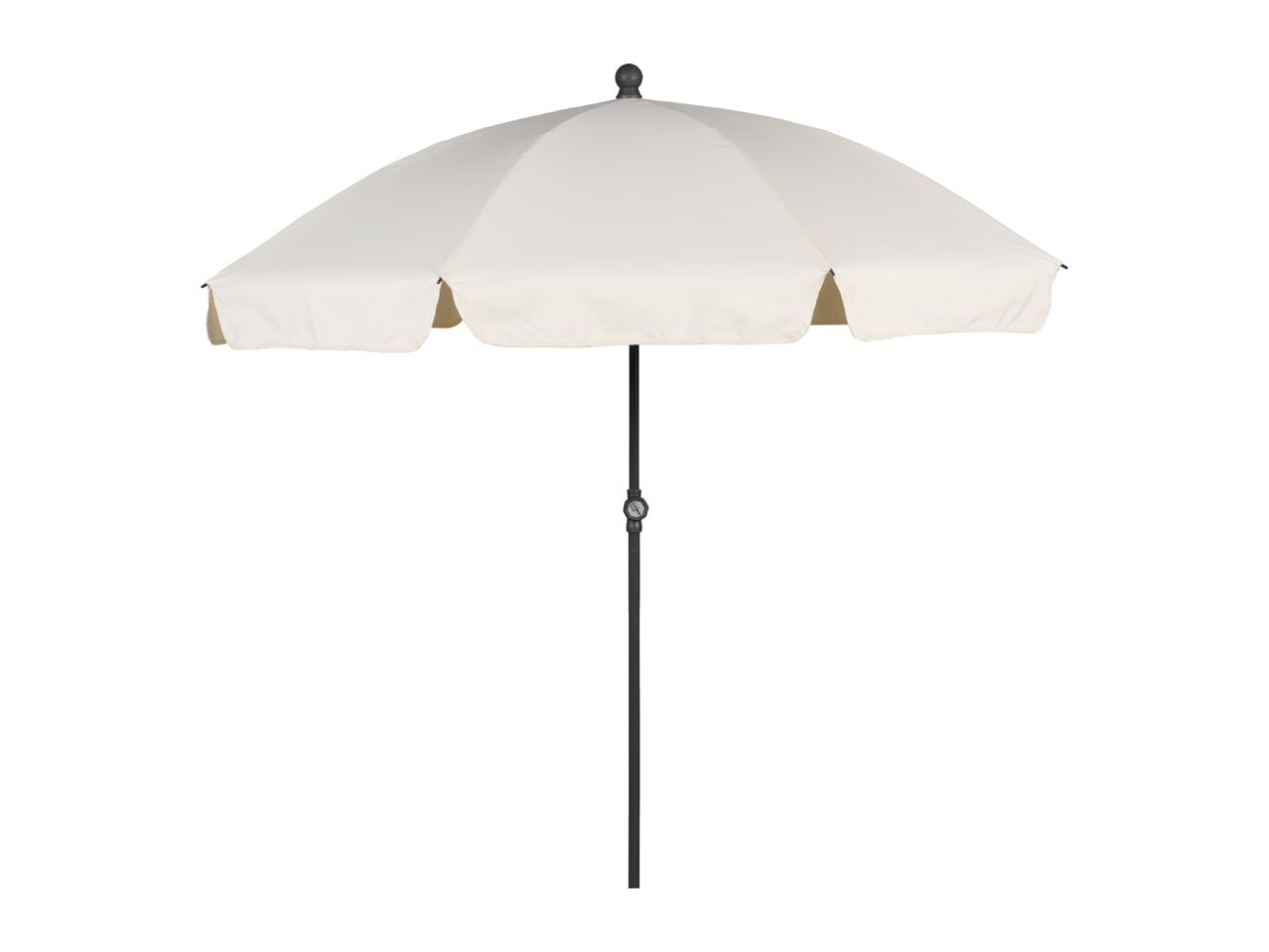 Cream-colored outdoor umbrella with a black pole and finial.