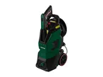 A green and black pressure washer with red accents and wheels.