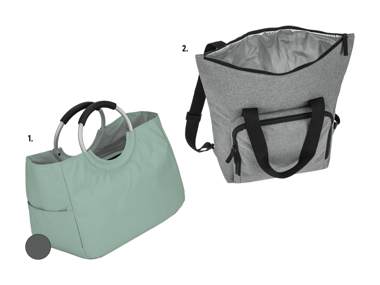 Una borsa della spesa verde menta e uno zaino termico grigio.