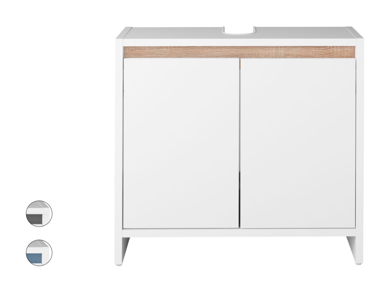 Weißer Badezimmer-Unterschrank mit zwei Türen und heller Holzplatte.