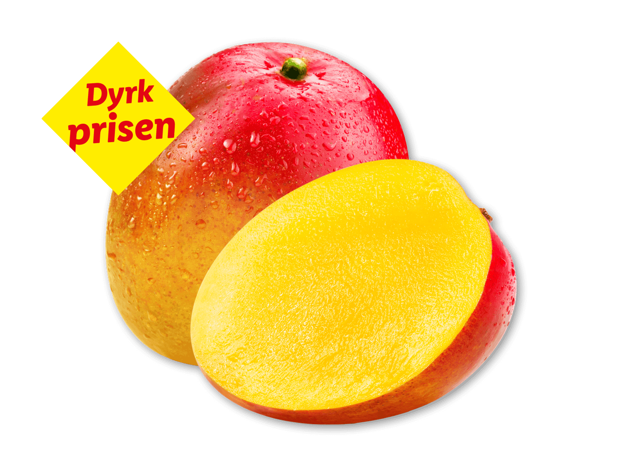 To mangoer, en hel og en halveret, med vanddråber og et gult skilt med teksten 'Dyrk prisen'.