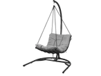 Black hanging egg chair with a grey cushion on a black background.
