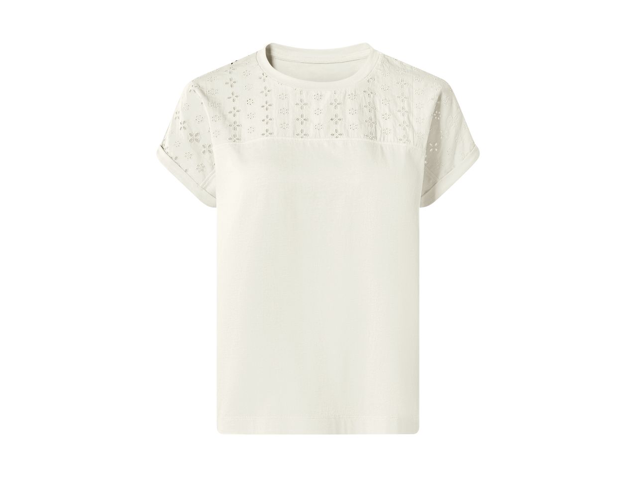 White short-sleeved T-shirt with embroidered details on the shoulders and upper chest.
