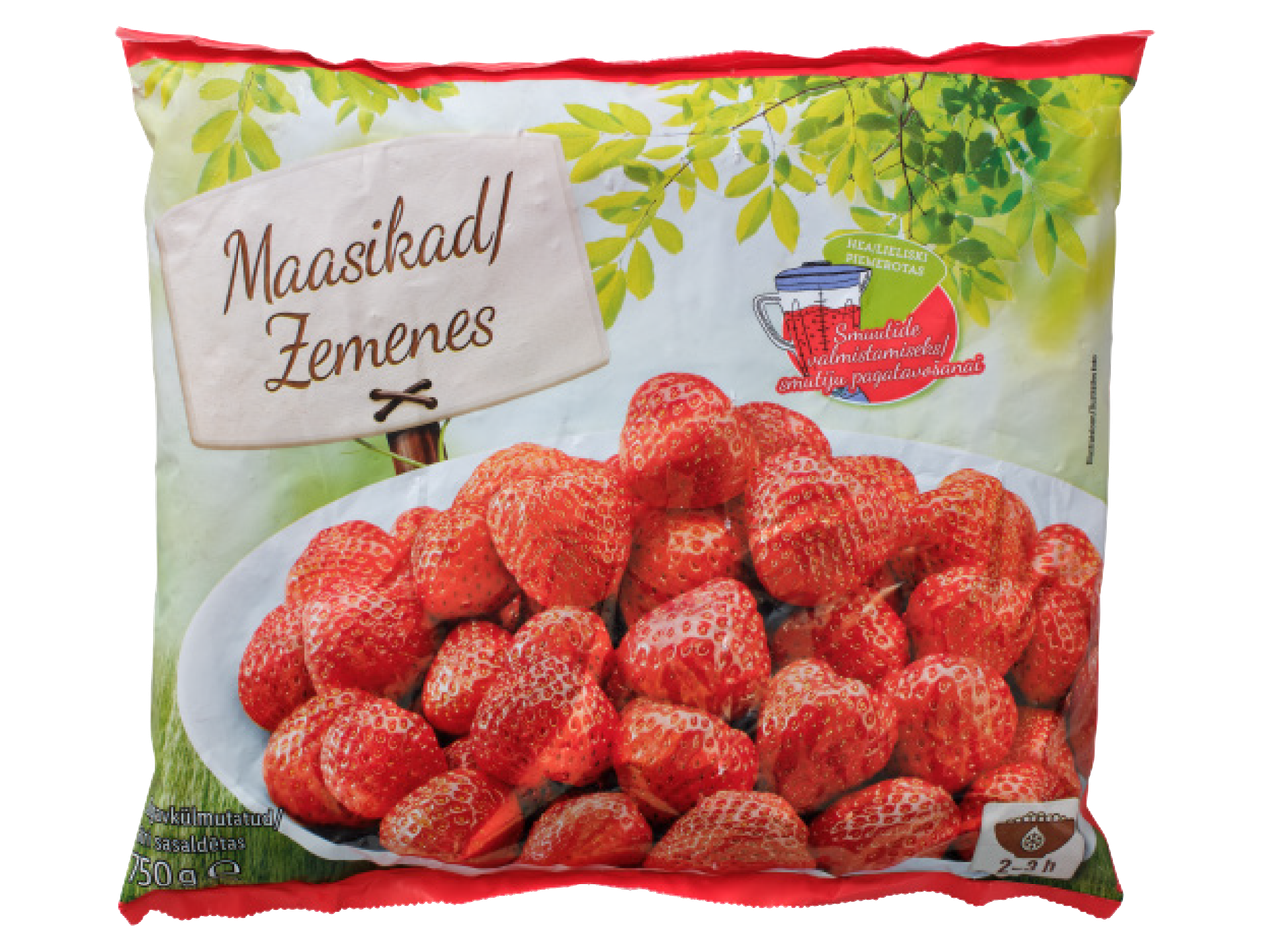 Saldētas zemenes iepakojumā ar norādēm par smūtiju pagatavošanu.