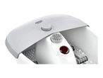 White foot spa with a control dial, massage rollers, and a red light.