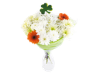A bouquet of white and orange flowers with a green shamrock decoration.