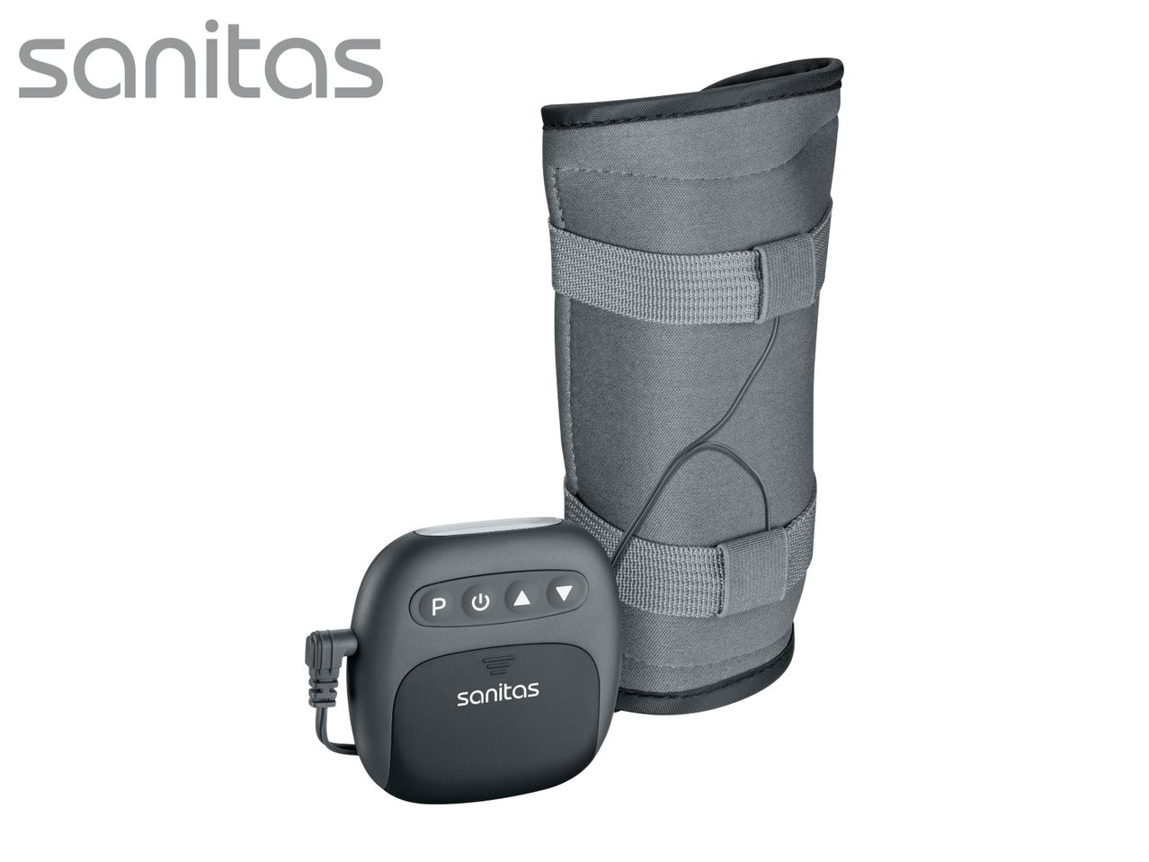 Grey leg cuff with a control unit for muscle stimulation