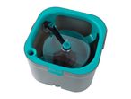 Grey and teal mop bucket with a built-in spinner and brush for cleaning.