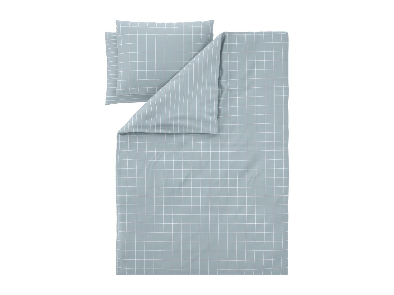 Light blue duvet cover set with a white grid pattern and striped reverse side.