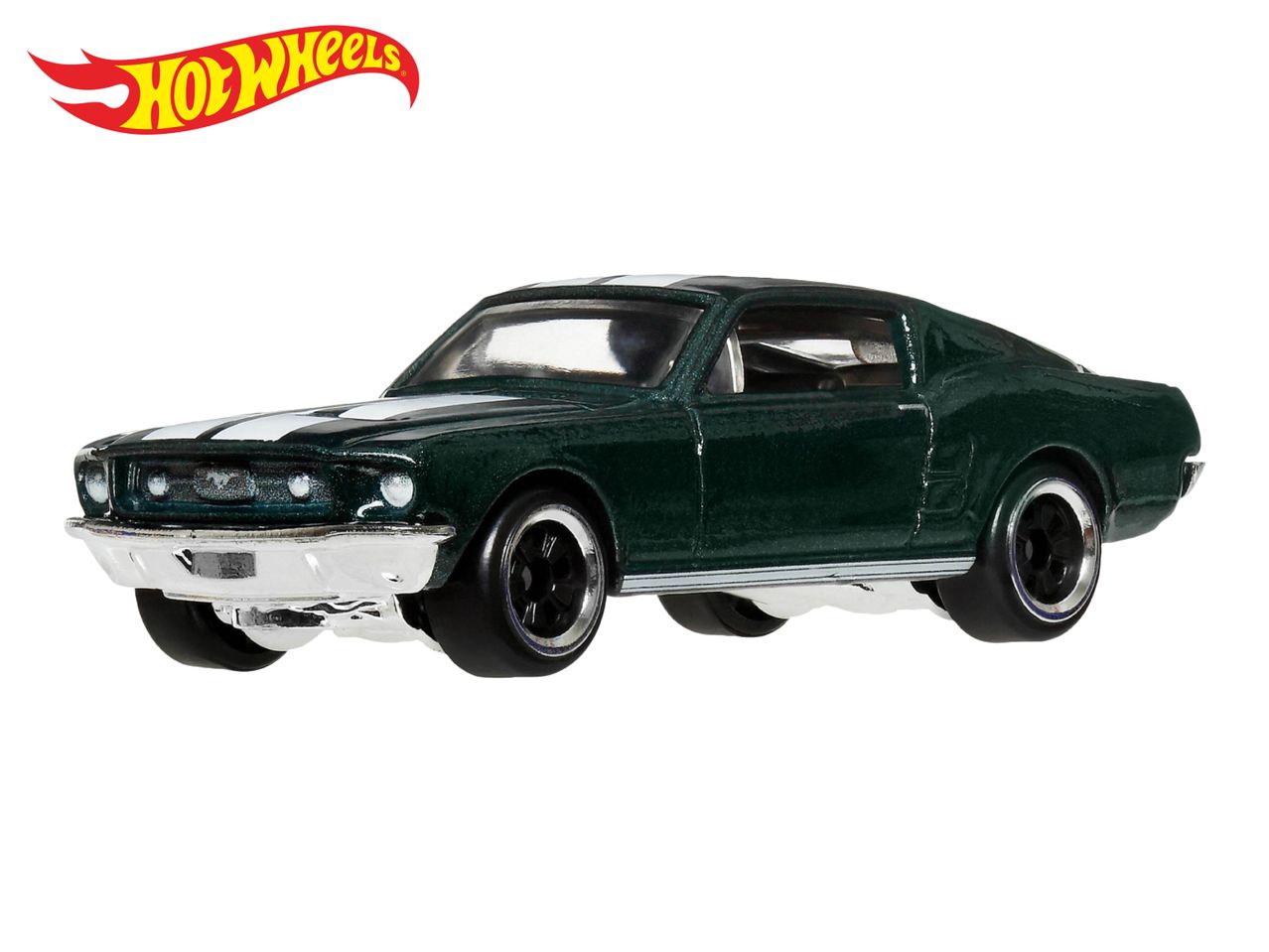 Green toy muscle car with white racing stripes and chrome accents, with a red and yellow logo.