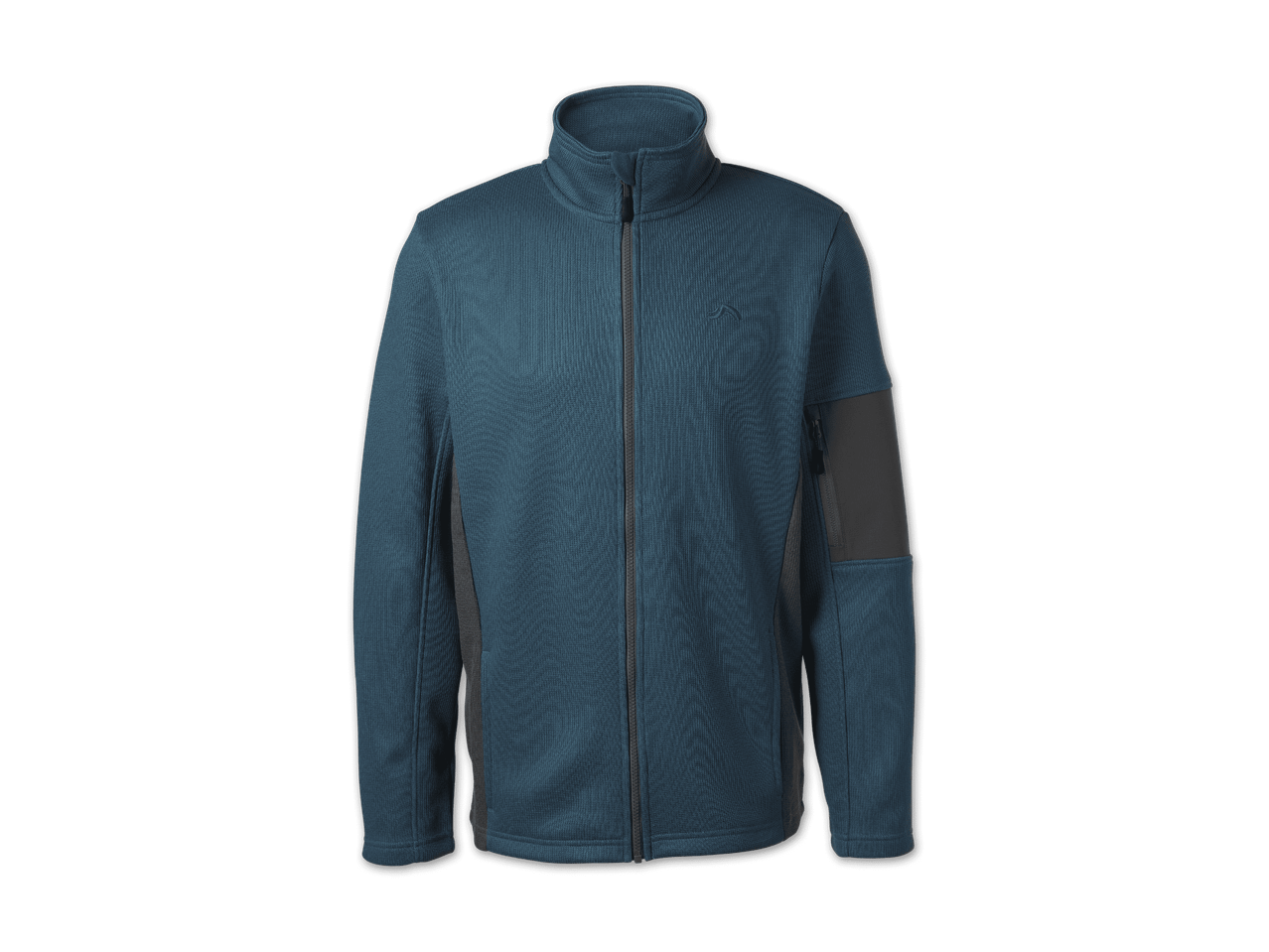 Blau-graue Fleecejacke mit Reißverschluss und dunklen Einsätzen an den Seiten und Ärmeln.