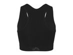 Black seamless sports bra with a racerback design and subtle logo on the band.
