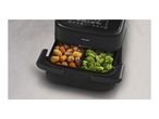 Black air fryer with two compartments, one filled with breaded snacks and the other with broccoli.