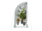 Lean-to greenhouse with a curved roof, containing potted plants and small trees