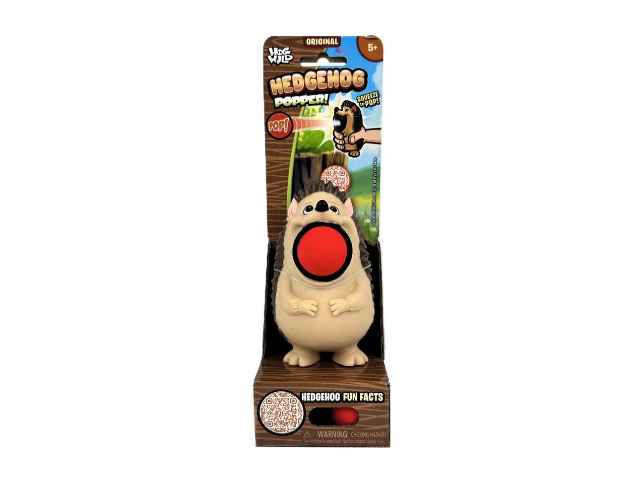 Hedgehog popper toy in packaging, with a warning about small parts.