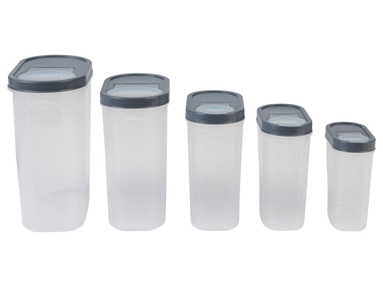 Set od pet providnih plastičnih posuda za skladištenje hrane sa tamnosivim poklopcima.