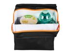 A black Vemondo lunch bag with orange zipper contains a vegan soy vanilla dessert and a bottle of water.