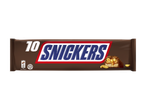 Chocoladereep met pinda's en karamel, met de tekst '10' en voedingsinformatie.