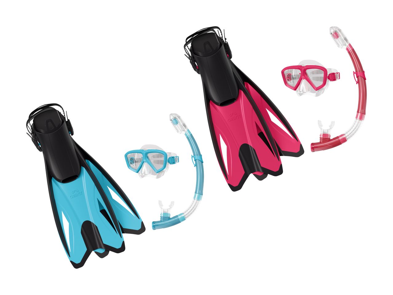 To sæt snorkeludstyr med svømmefødder, dykkermasker og snorkler i blå og pink.