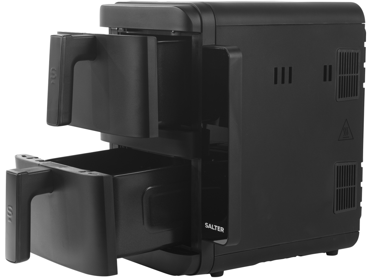 Salter VertiCook Air Fryer 10L, a black dual-drawer air fryer with both drawers partially open.