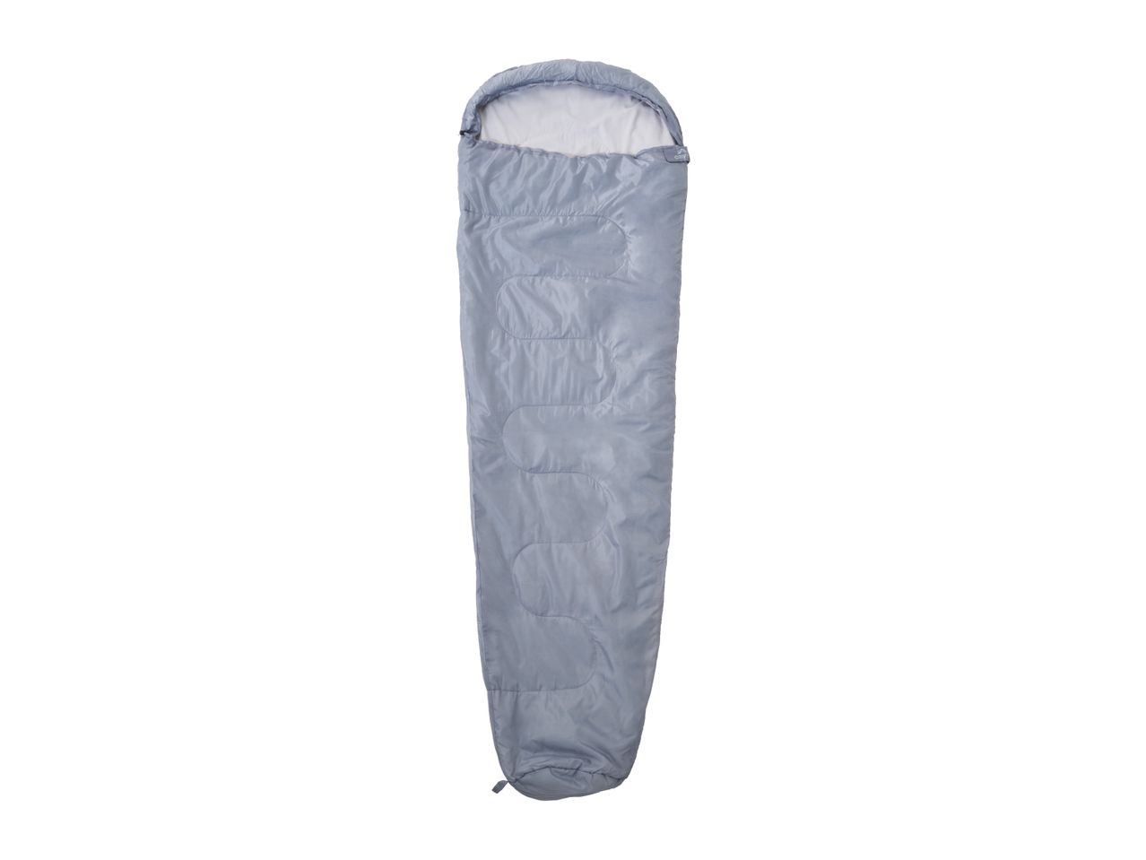 Light blue sleeping bag with a hood, featuring a quilted design.