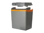 Grey and orange portable electric cool box with the lid slightly open.