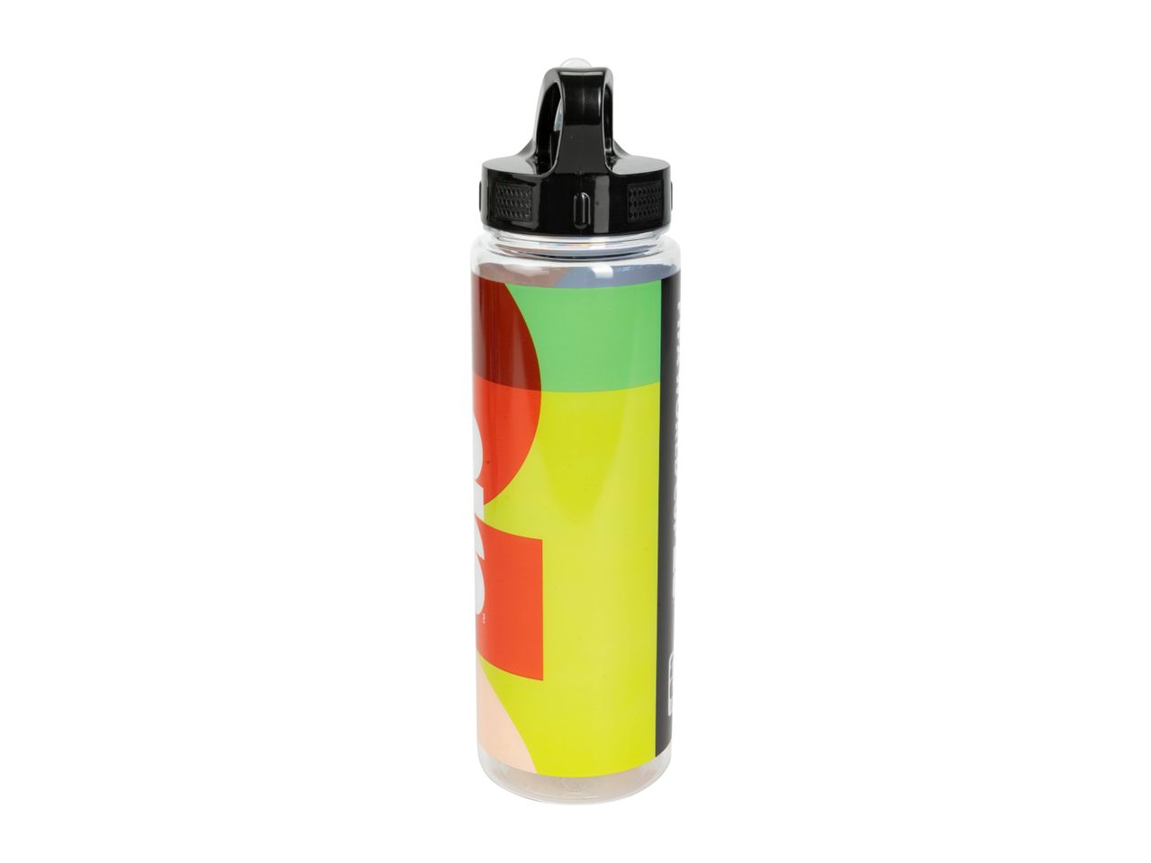 Clear water bottle with a black lid and a colorful, abstract design featuring red, green, and yellow shapes.