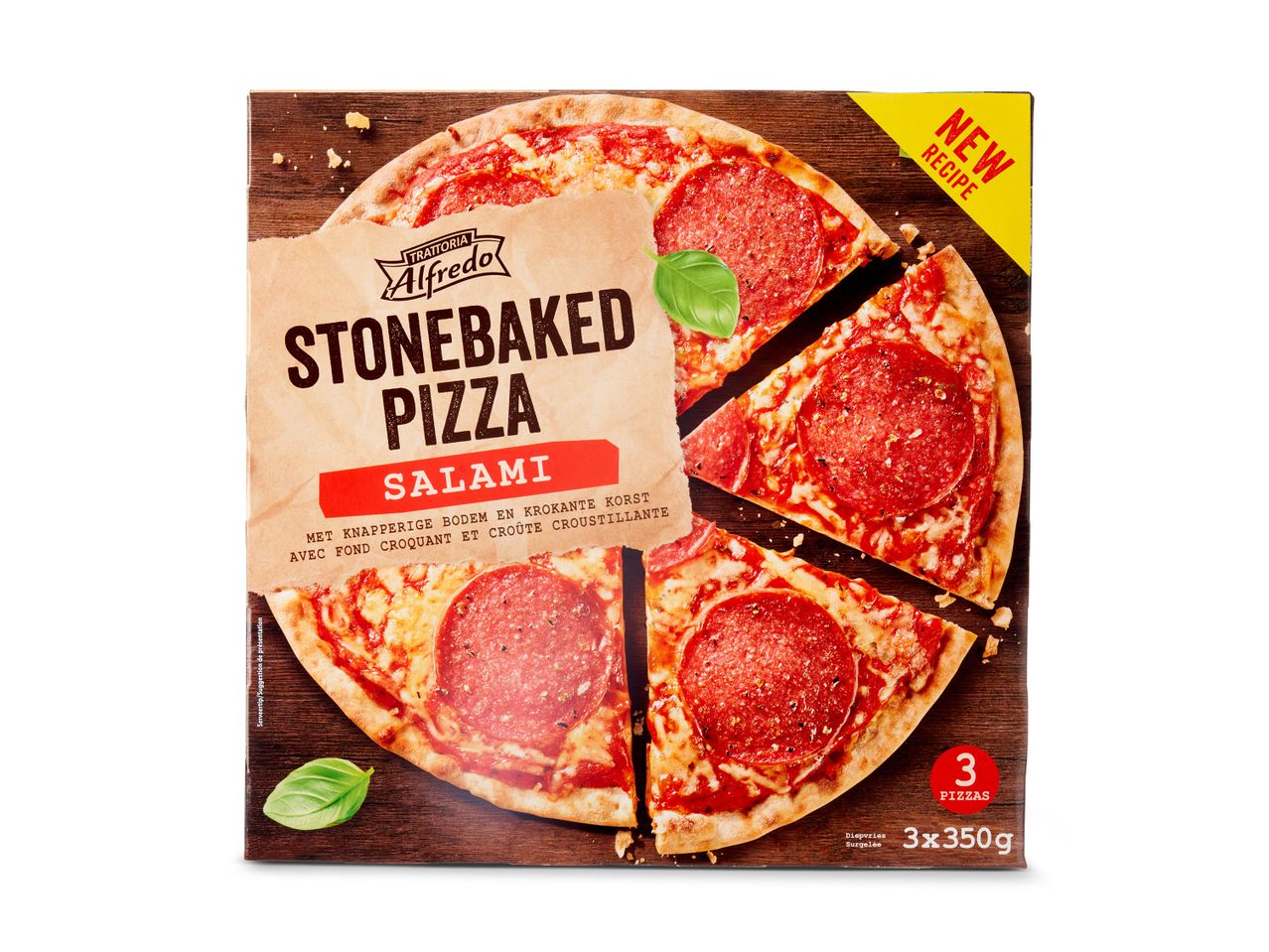 Trattoria Alfredo salami pizza: 3 diepvriespizza's, nieuw recept.