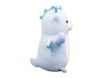 Light blue plush dragon toy with glittery accents, side view.