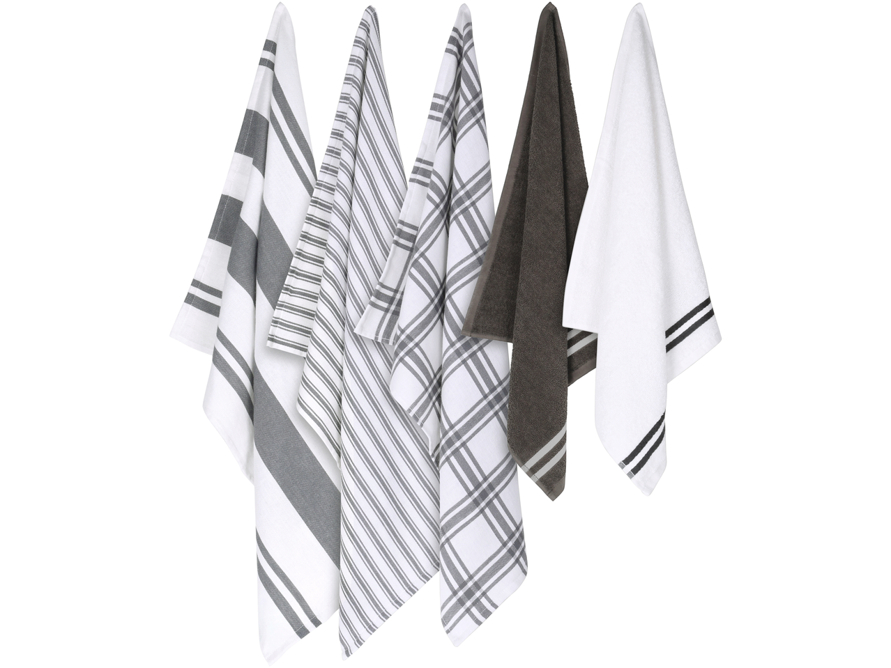 W5® virtuvinių ir rankšluosčių rinkinys: 5 rankšluosčiai pilkos, baltos ir rudos spalvos su juostelėmis ir languotais raštais.