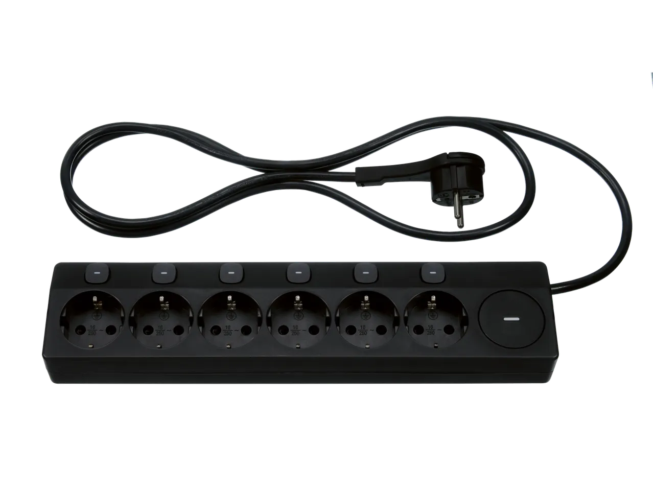 Tronic 6 lizdų ilgiklis su individualiais jungikliais ir suvyniotu laidu.