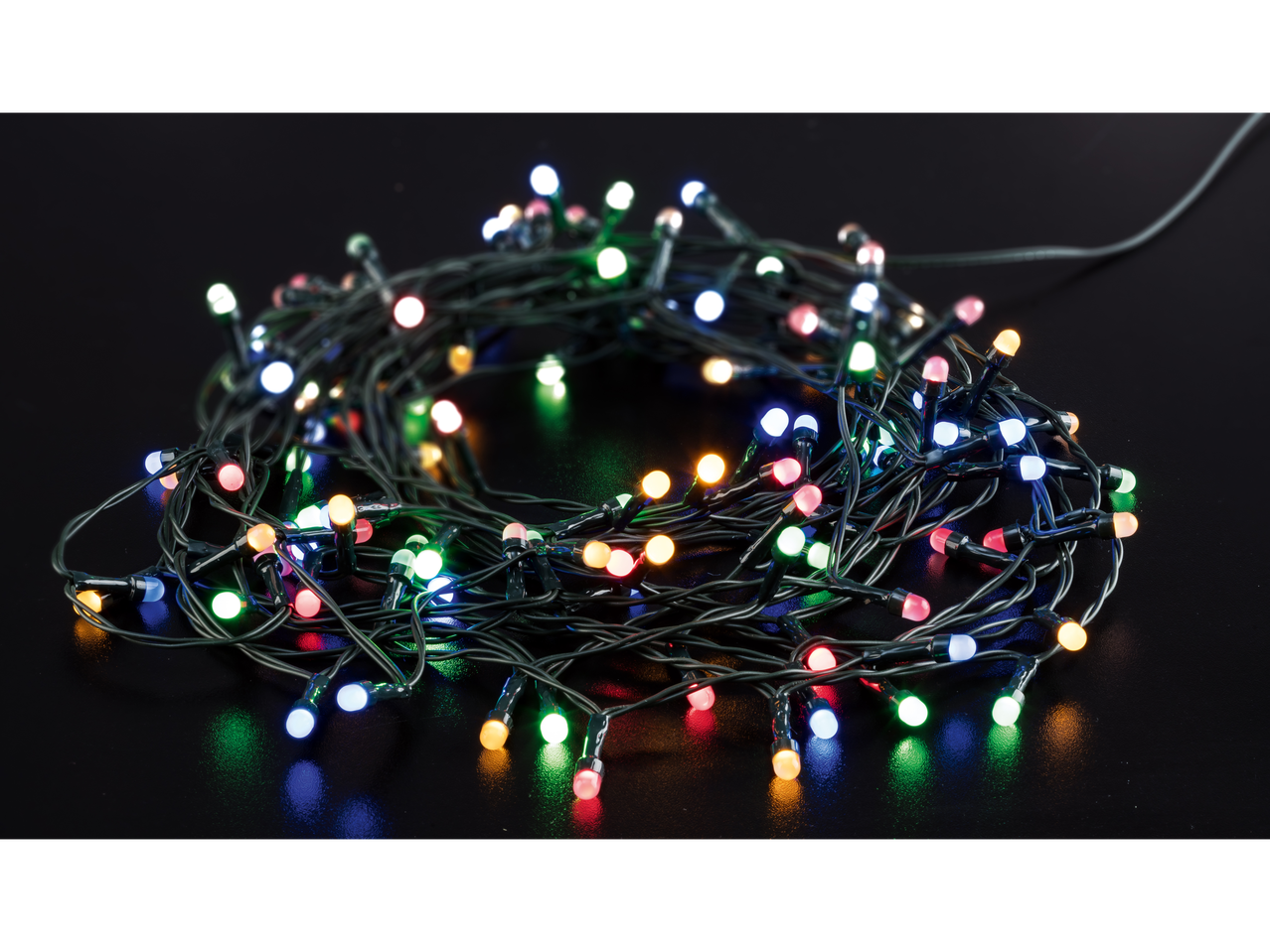 LIVARNO home LED String Lights, multicoloured, coiled on a dark surface.