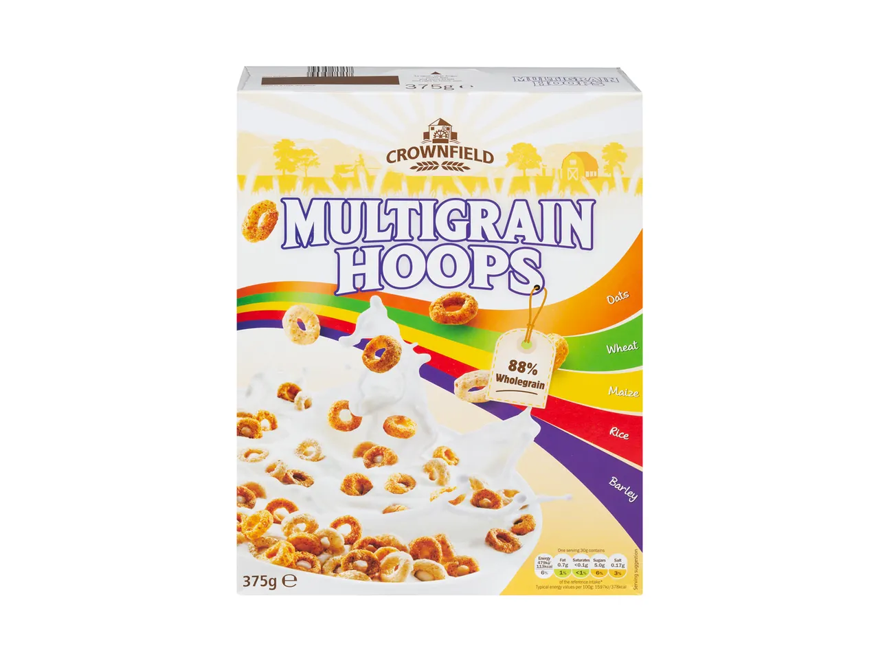 Crownfield Multigrain Hoops: wholegrain ring-shaped cereal.