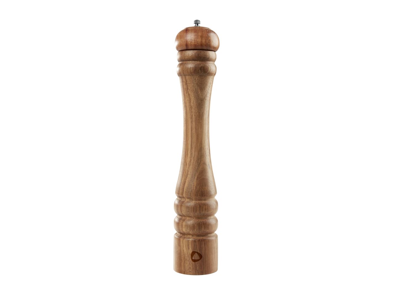 A tall, dark brown wooden pepper grinder.