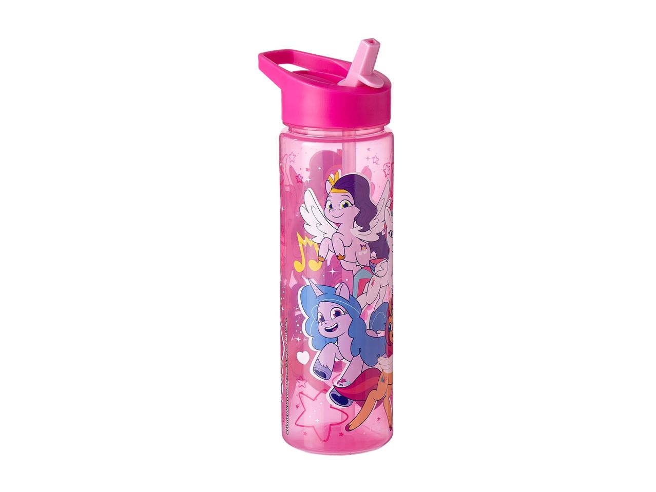 Pink My Little Pony water bottle with characters and musical notes