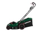 Green and black lawnmower with red accents and a grass collection bag.