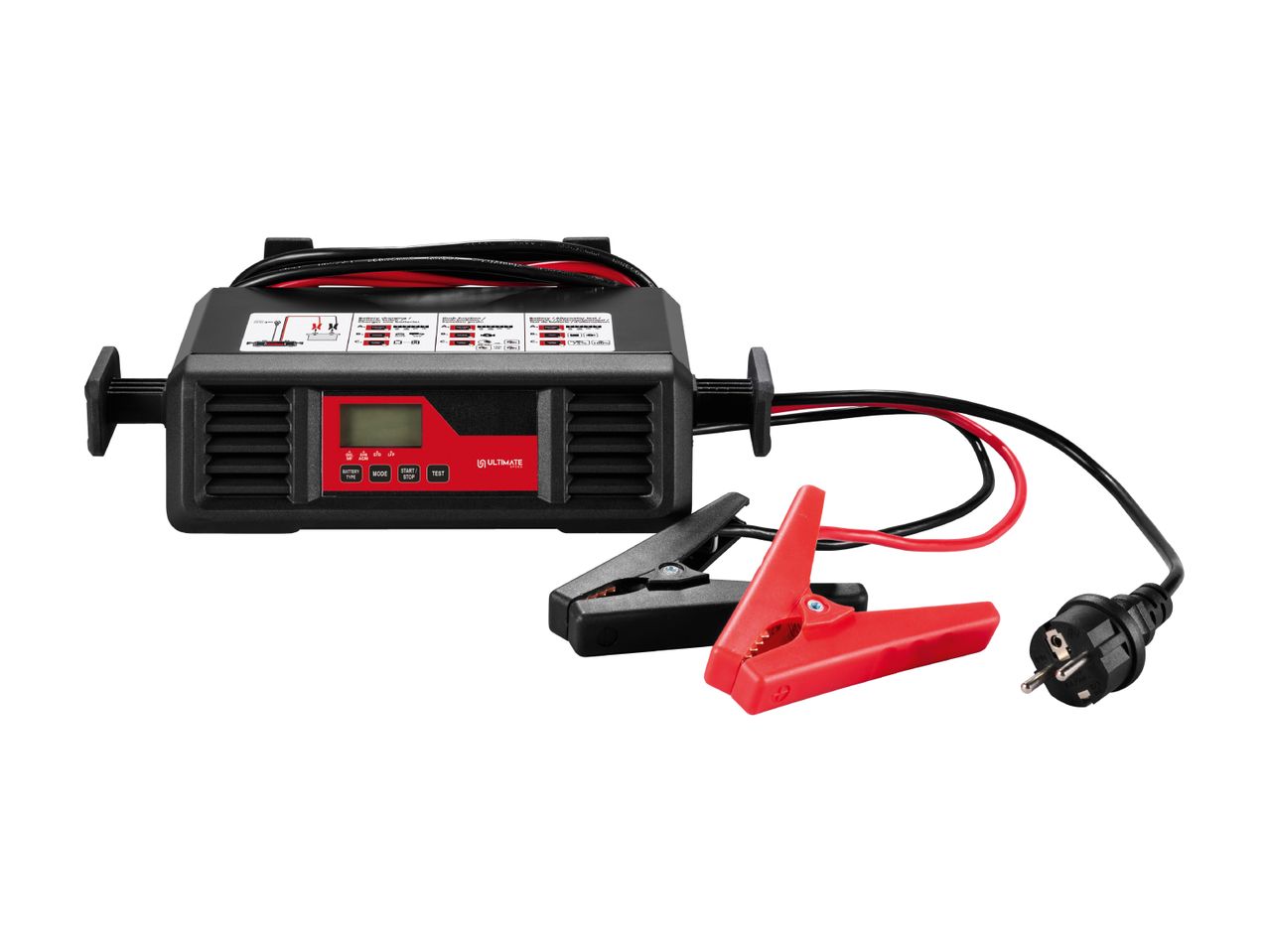 Ultimate car battery charger with red and black clamps and a power plug.