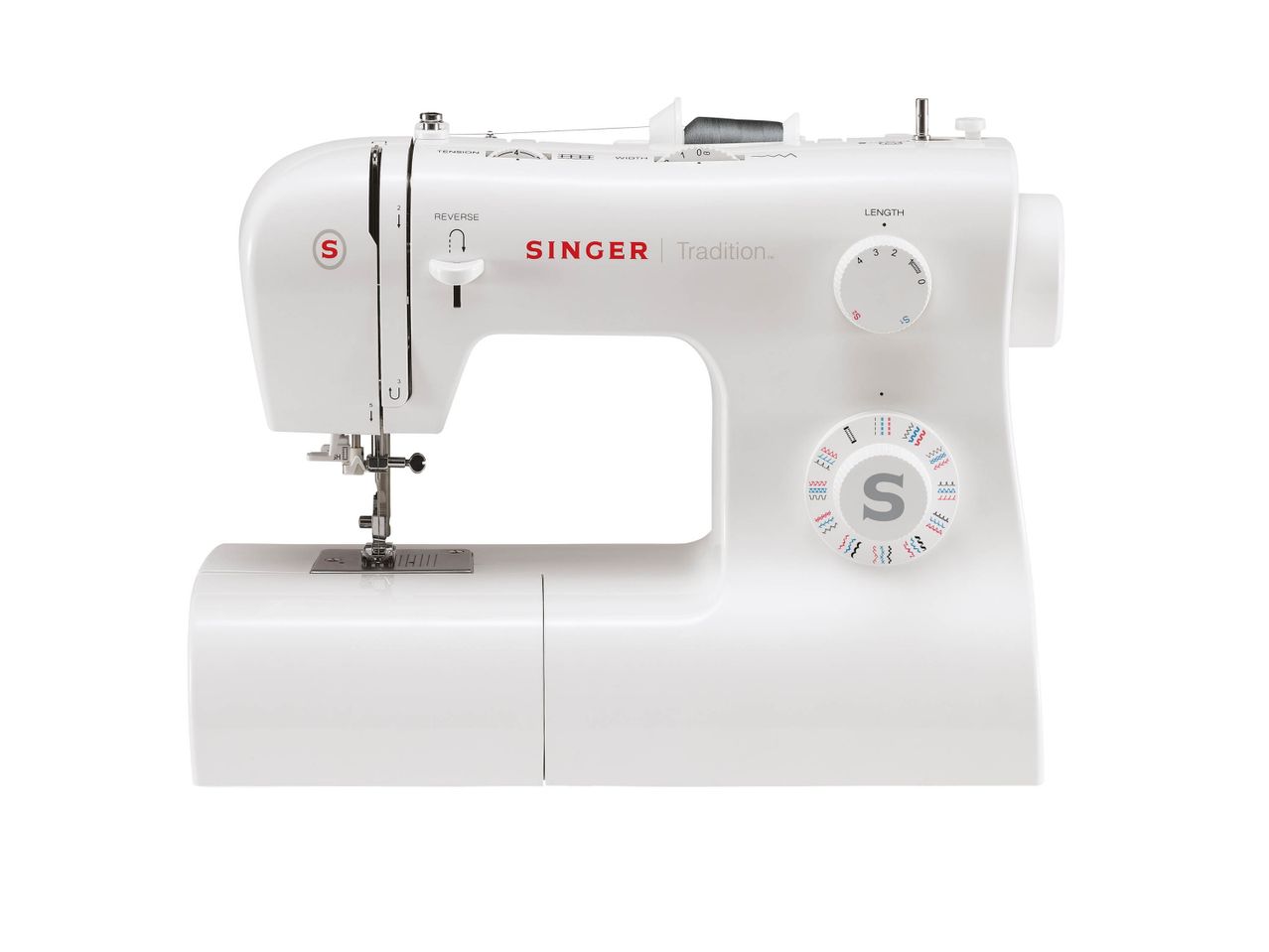 A white Singer Tradition sewing machine with various dials and controls.