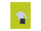 White long-sleeved rash guard with a blue wave logo and dark grey swim shorts.