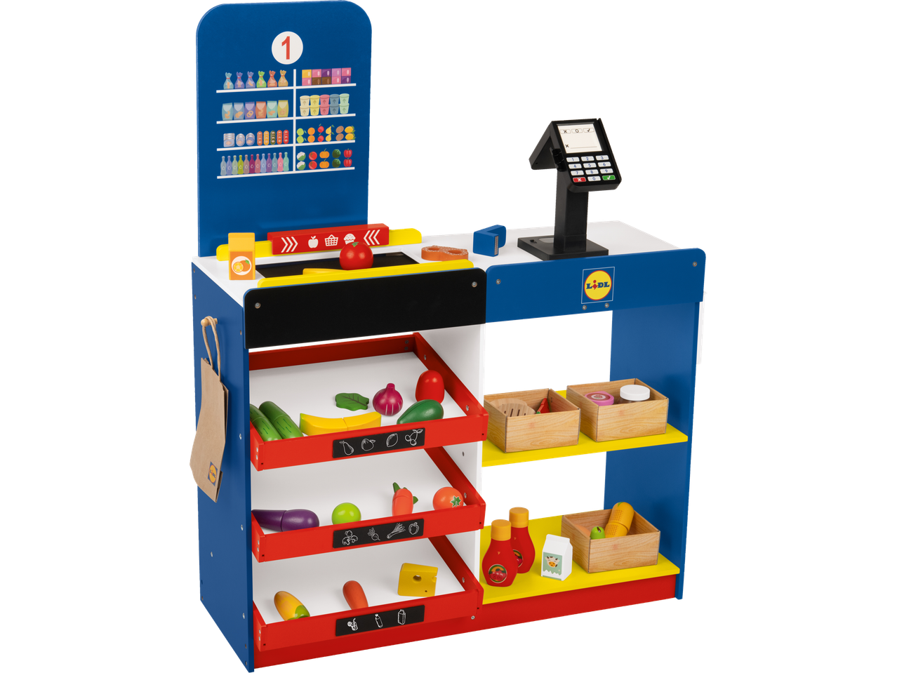 Playtive Wooden Lidl Supermarket playset with shelves of groceries, a checkout, and a shopping bag.