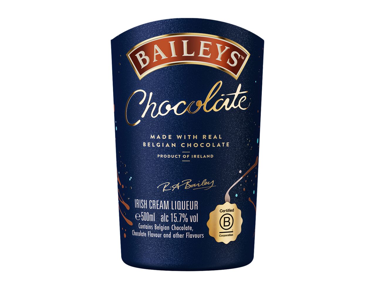 Тъмно синя опаковка с надпис „Шоколад“, „Произведено с истински белгийски шоколад“ и „Ирландски крем ликьор“.