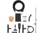 Vacuum cleaner replacement parts: hose, filter, bags, and attachments.