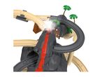 Wooden train track set with a volcano, palm trees, and elevated gray tracks.