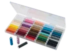 Set de ață de cusut Crellando într-o cutie transparentă de plastic cu 60 de bobine colorate.