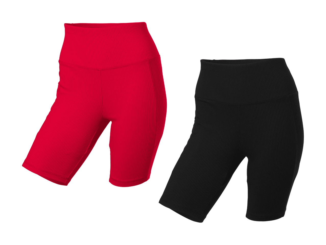 Gerippte Radlerhosen in Rot und Schwarz auf schwarzem Hintergrund.