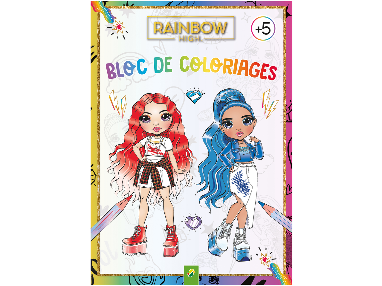 Bloc de coloriages Rainbow High avec deux personnages et des crayons.