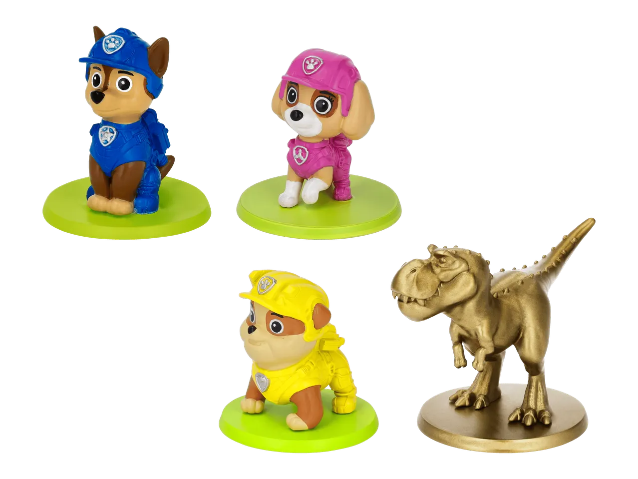 Neljä Paw Patrol -hahmoa ja kultainen dinosaurusfiguuri.